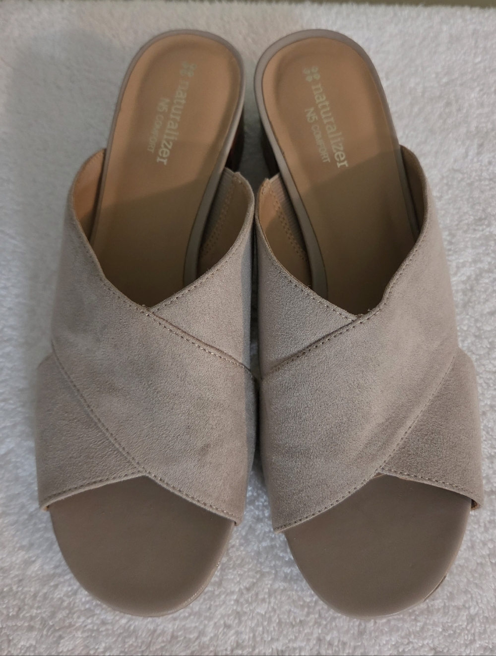 Naturalizer- Arielle Taupe Suede Crisscross Low Heel Mules With N5 Technology - Picture 2 of 5